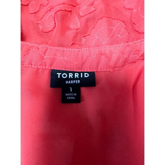 Torrid Blouse Harper Chiffon Clip Floral Pullover 3/4 Sleeve Sheer Coral Size 1X - Picture 8 of 11
